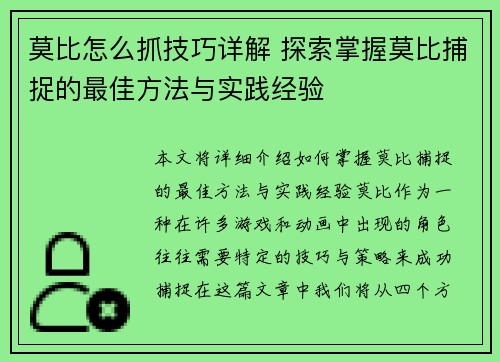 莫比怎么抓技巧详解 探索掌握莫比捕捉的最佳方法与实践经验 莫比怎么抓技巧详解 探索掌握莫比捕捉的最佳方法与实践经验