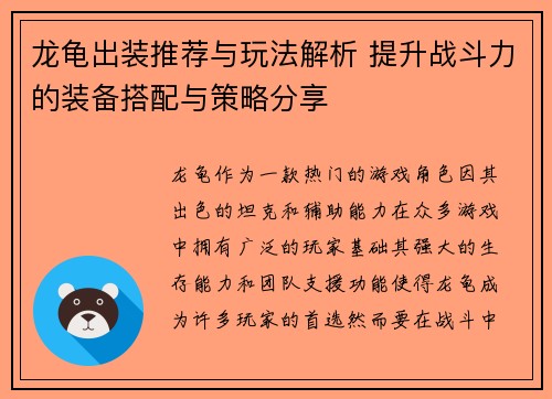 龙龟出装推荐与玩法解析 提升战斗力的装备搭配与策略分享